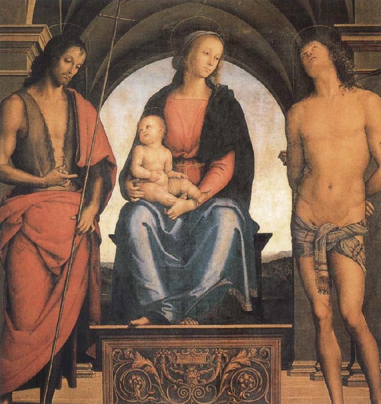 Pietro vannucci called IL perugino The Madonna and the Nino enthroned, with the Holy Juan the Baptist and Sebastian Sweden oil painting art